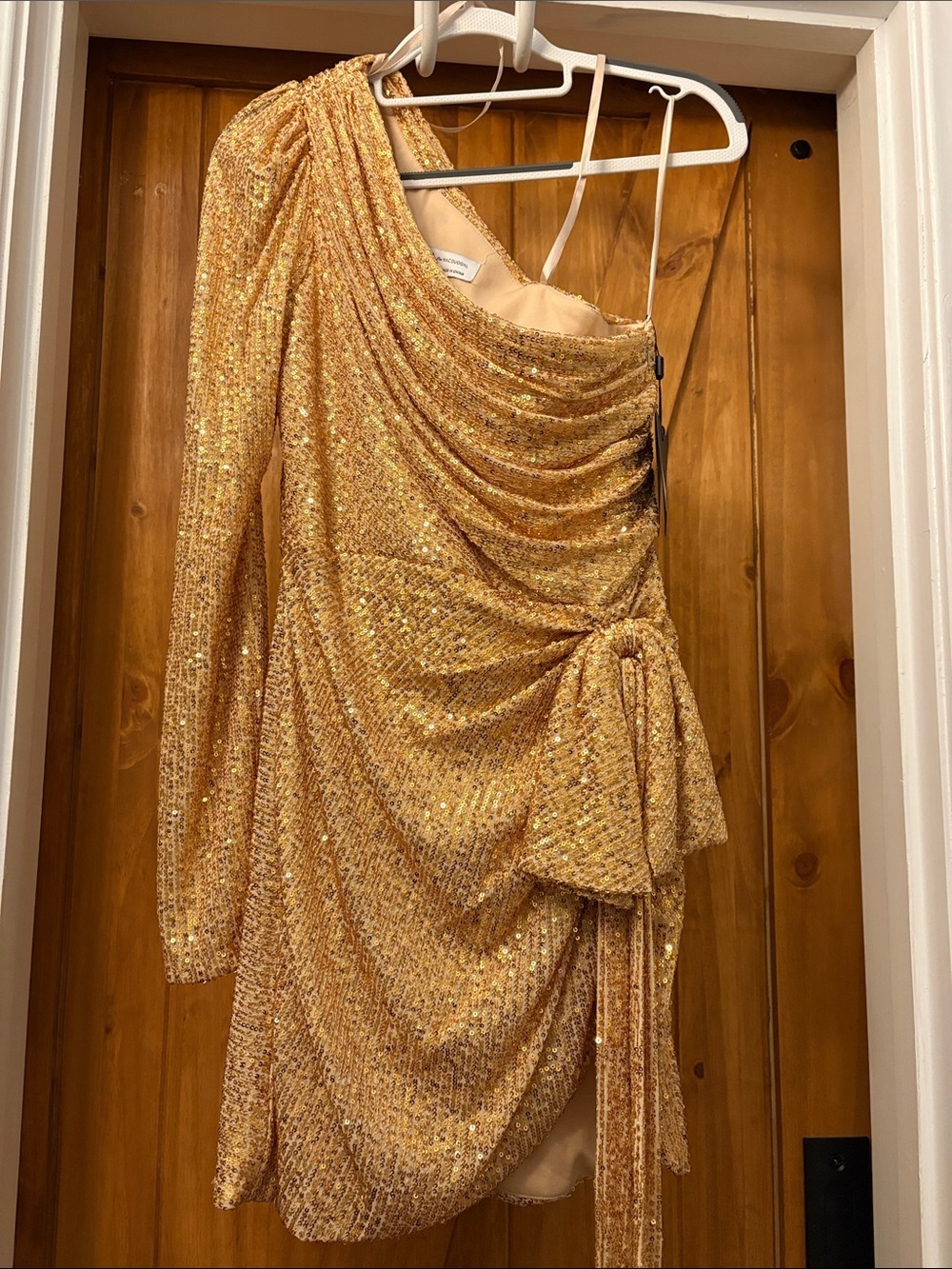 Mac Duggal Gold One-Shoulder Sequin Draped Cocktail Mini Dress 26977 NWT